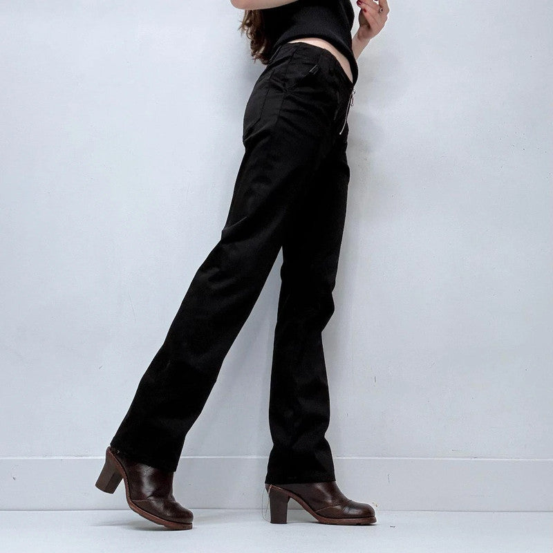 black zip front straight leg trousers
