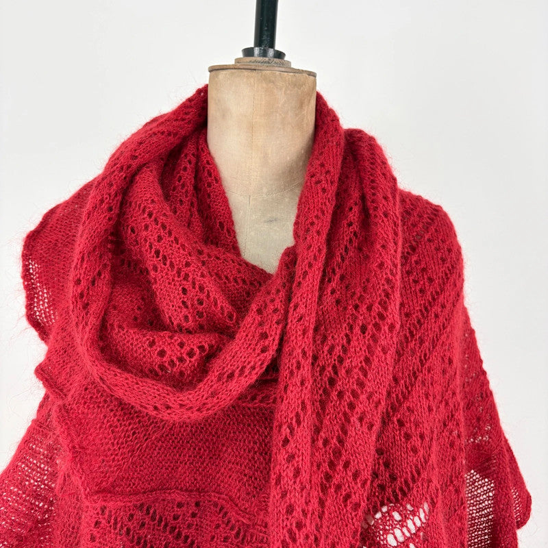 red mohair pointelle wool scarf