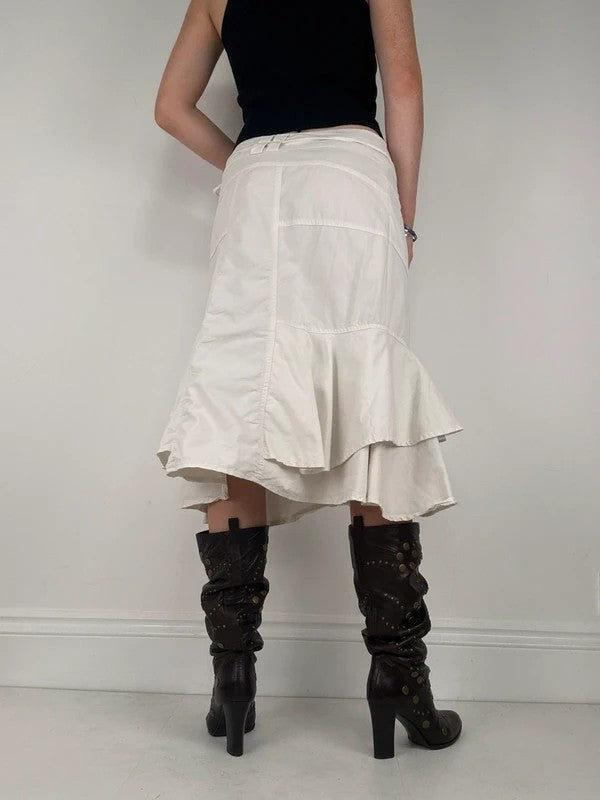 white ruffle low rise layered midi skirt