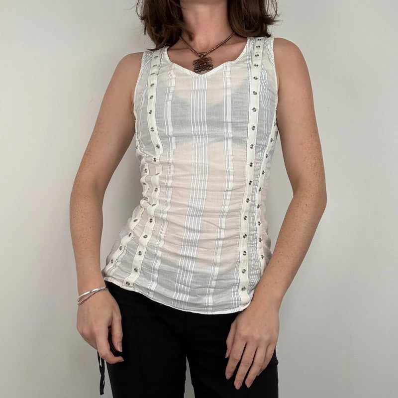 white cotton textured pinstripe popper vest top