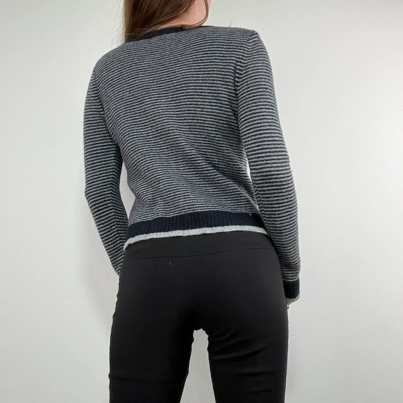 navy pinstripe button up cardigan crewneck