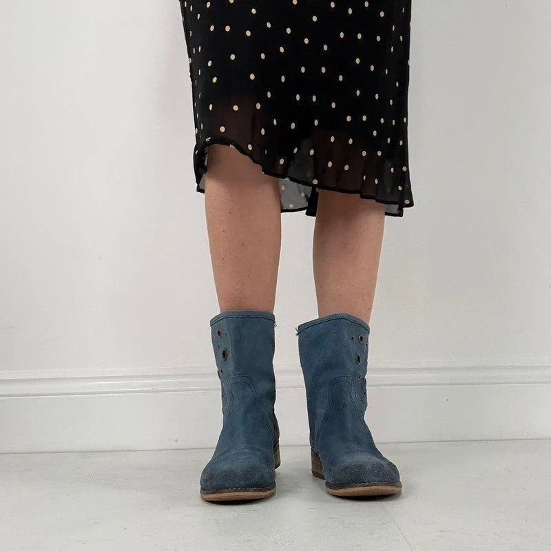 Blue suede studded eyelet ankle boots