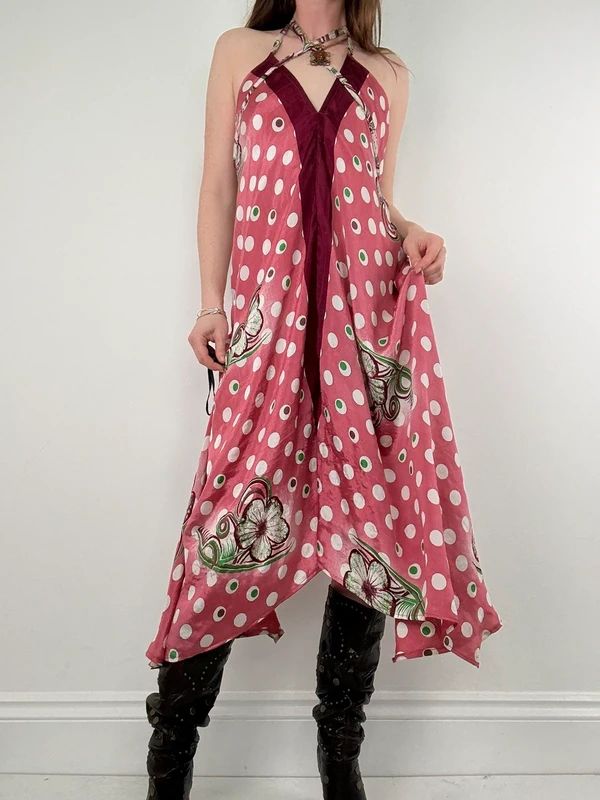 pink polkadot handkerchief maxi dress