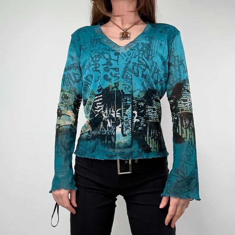 Graphic printed Grunge Mesh Top