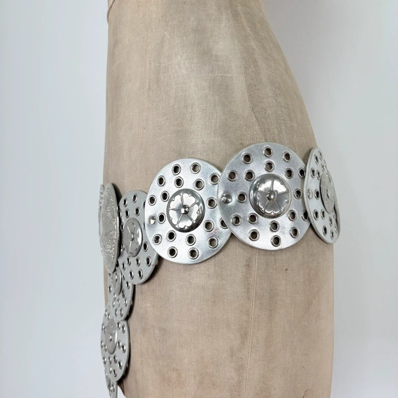 Silver leather studded circle belt
