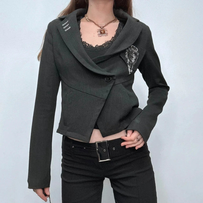 flared asymmetric grey button suit cropped jacket