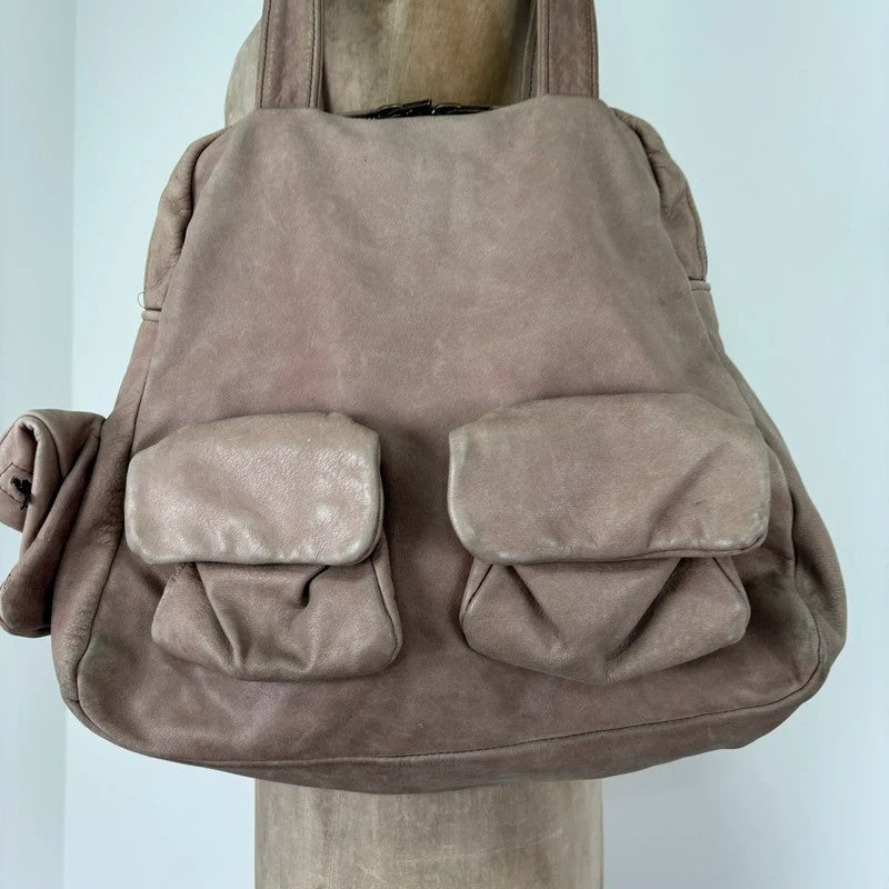 Dusty pink distressed leather cargo slouchy pocket bag