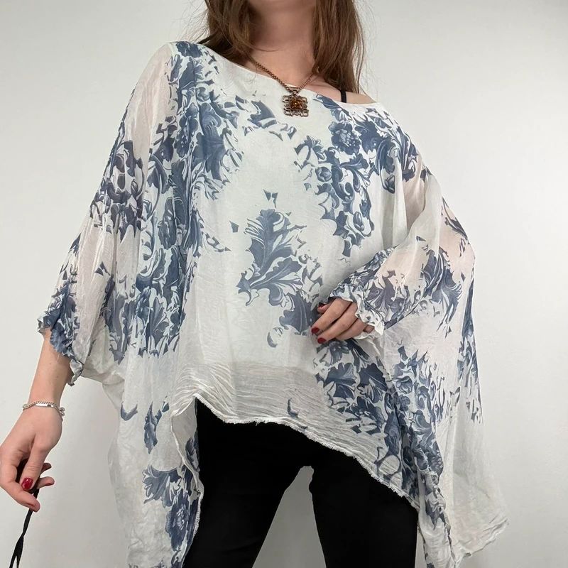 white and blue silk draped regency printed batwing blouse