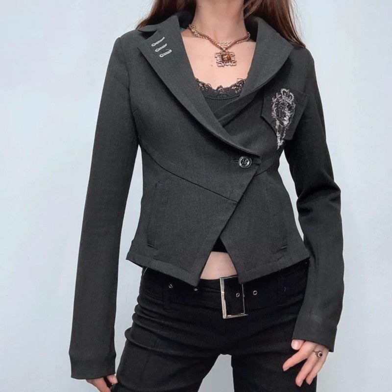 flared asymmetric grey button suit cropped jacket