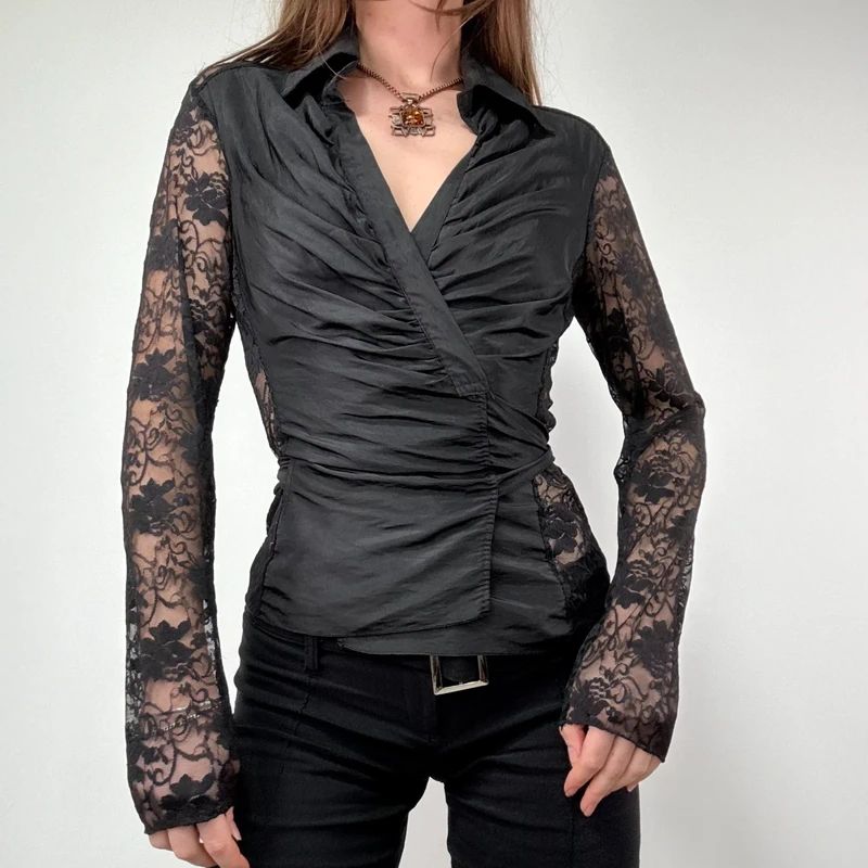 gathered black lace crinkle sheer wrap blouse