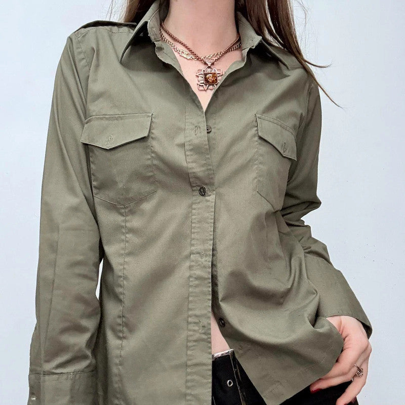 khaki fitted flared military style shirt