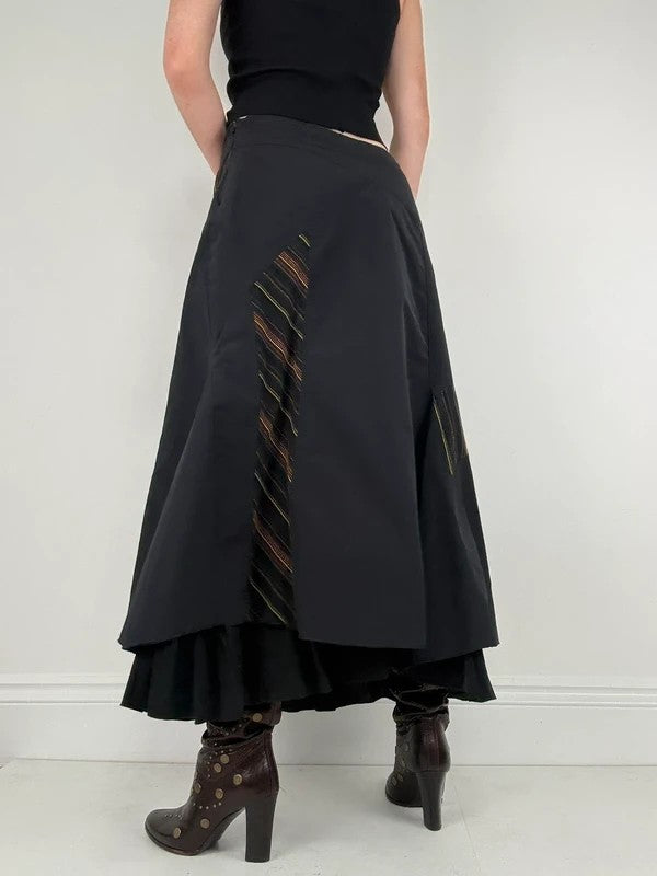 Black flared pleated pinstriped layered maxi skirt
