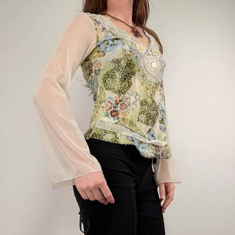 Mesh boho flare paisley print blouse t-shirt
