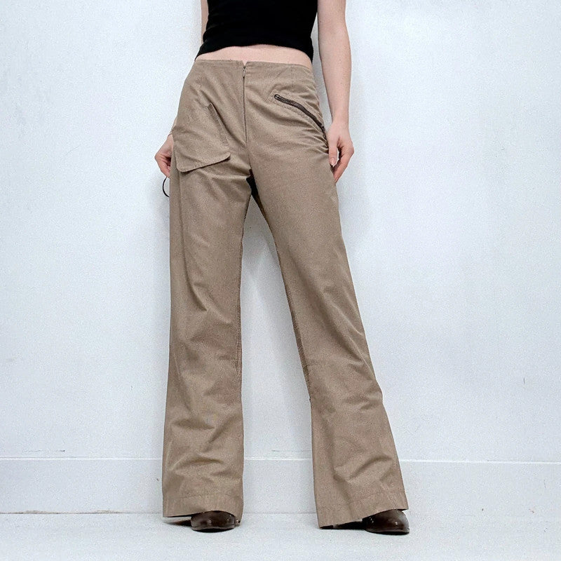 tan utility flared checked trousers