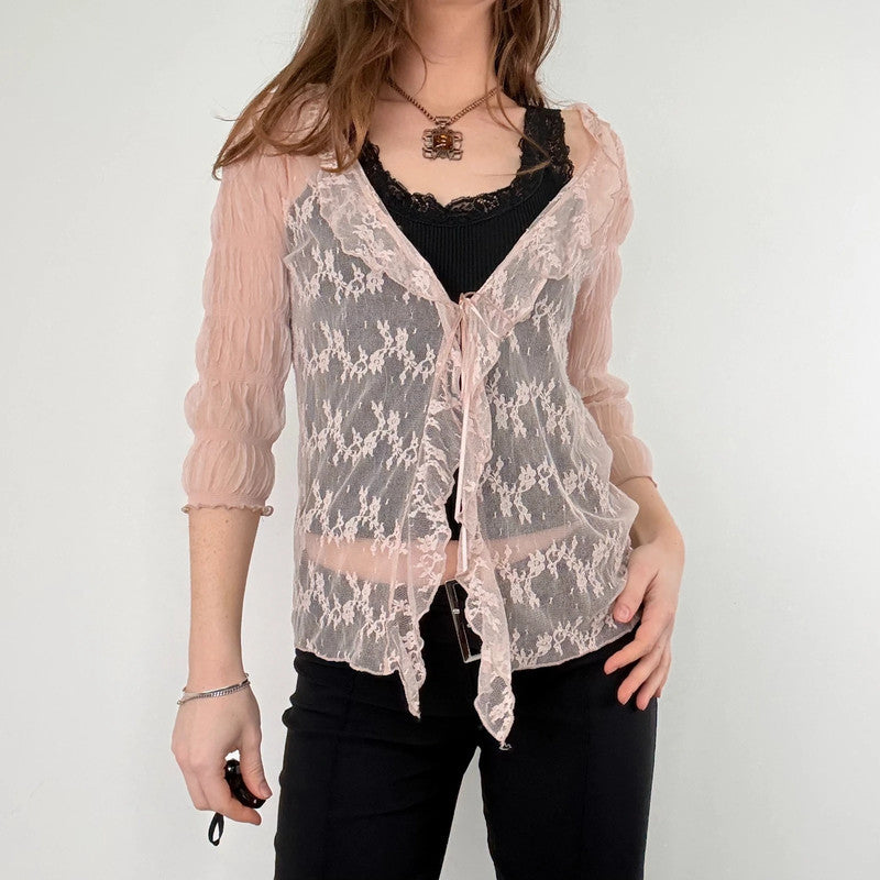 Pale pink floral lace gathered cinched blouse