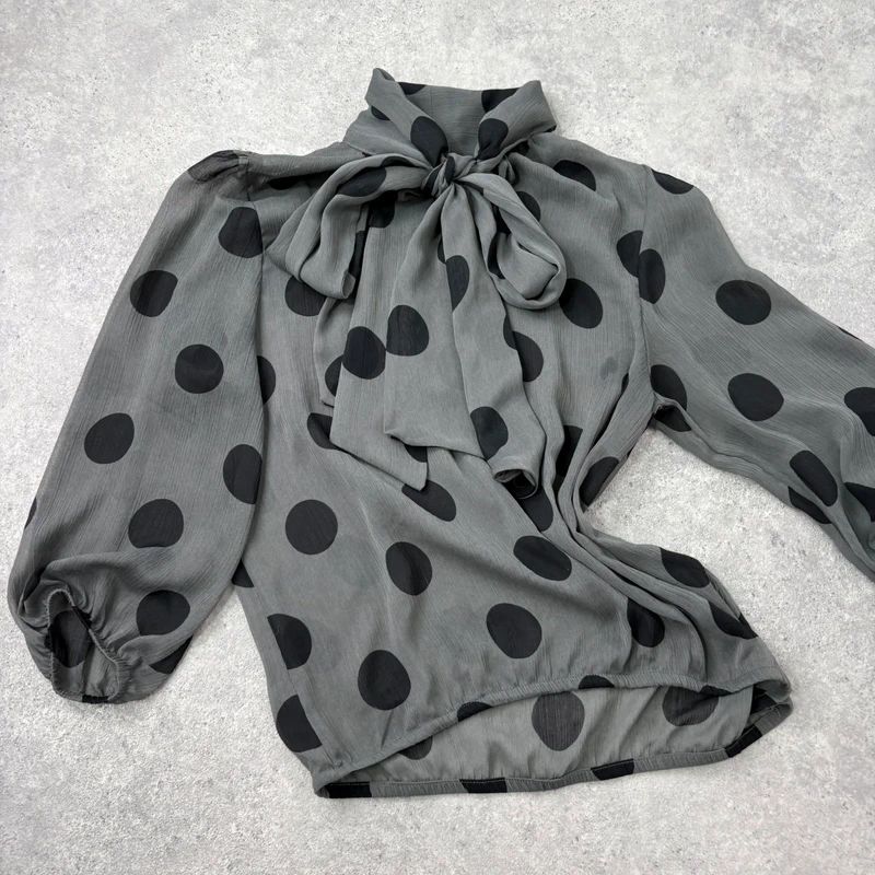 grey polkadot bow blouse