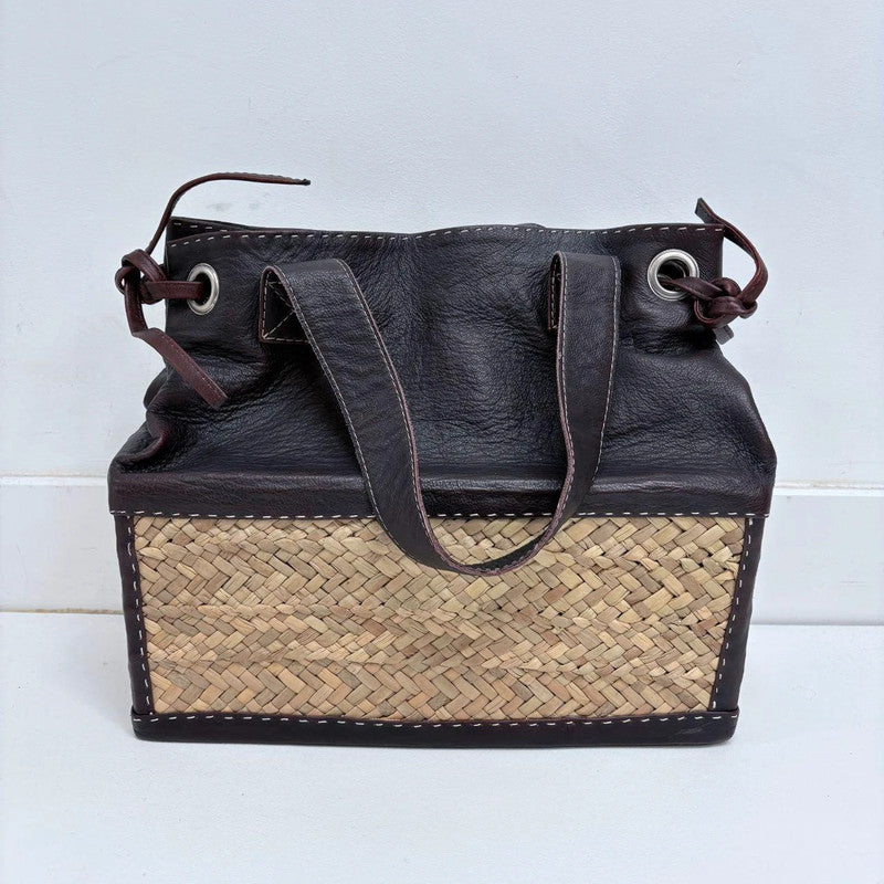 brown leather rattan basket bag
