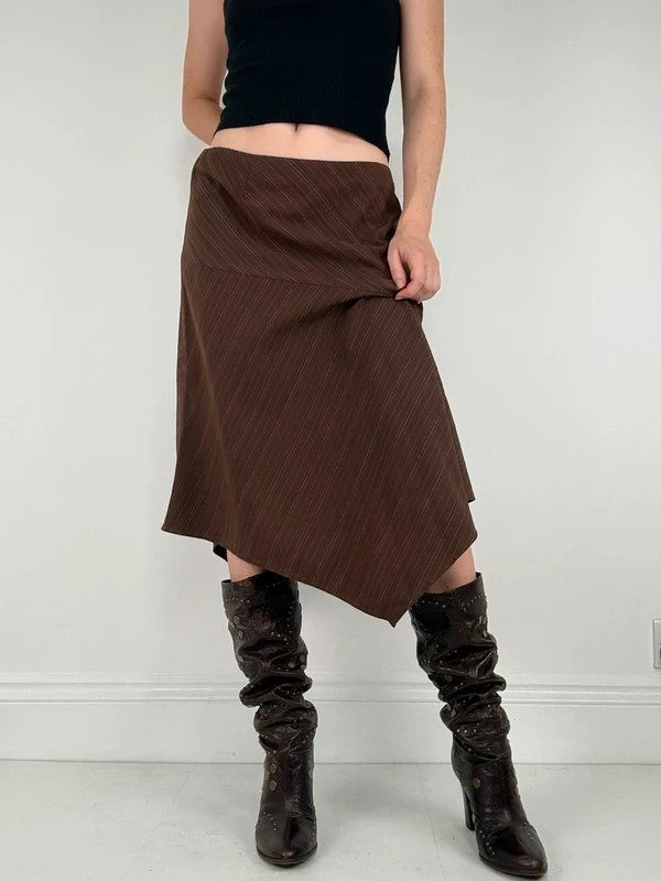 Pinstripe brown asymmetric draped midi skirt