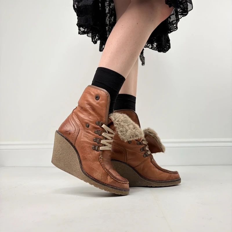tan sheepskin leather wedge boots