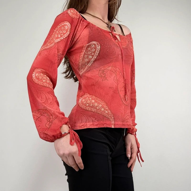 sheer paisley slouchy off-the-shoulder mesh blouse