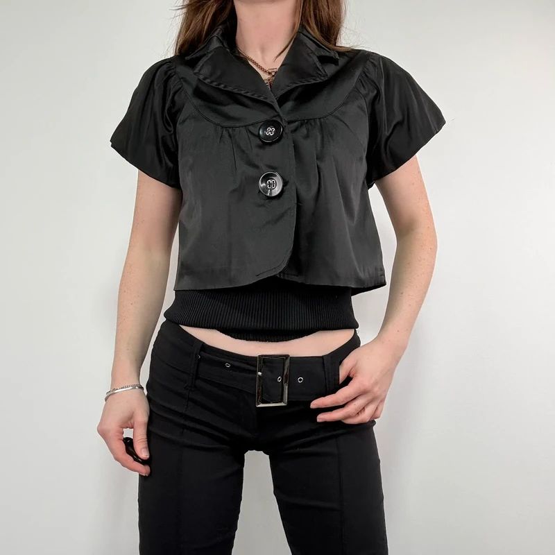 black satin cropped capped sleeve mini jacket