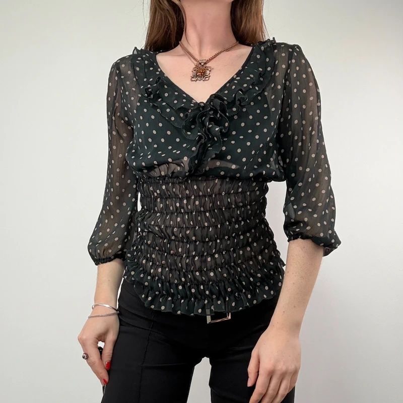 sheer black polkadot cinched shirt