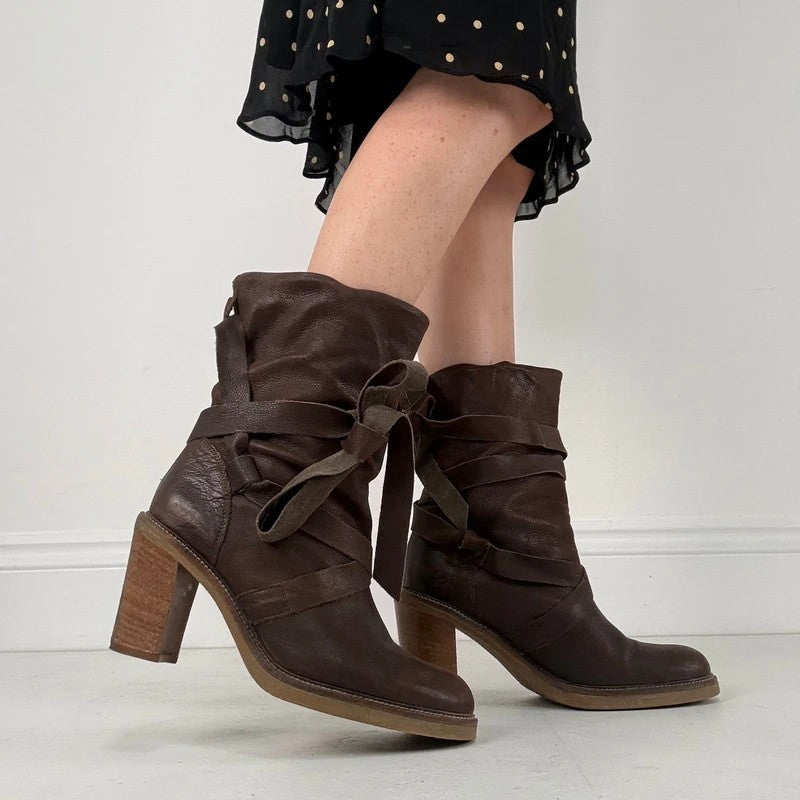 Chunky brown leather wrap around boots
