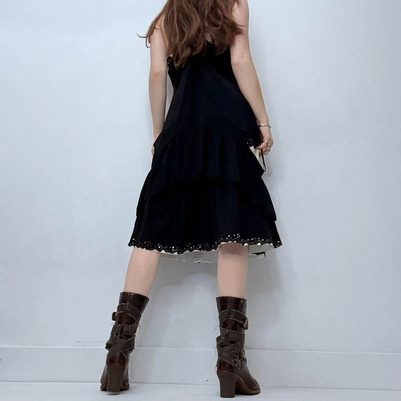 black layered pleated midi dress