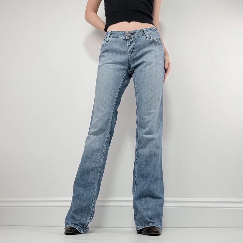 distressed flared leg low rise jeans
