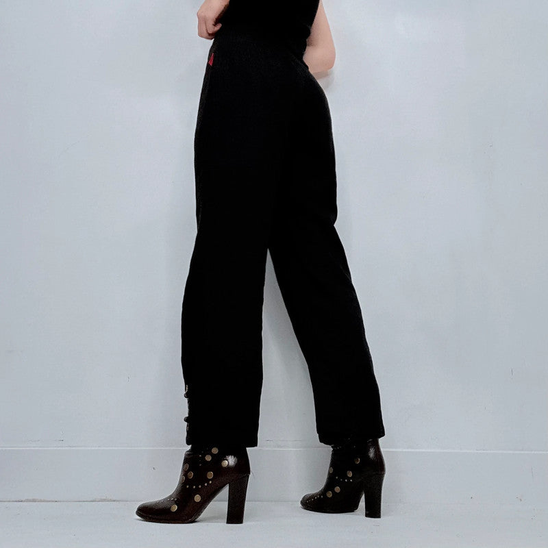 black linen wide leg embroidered trousers