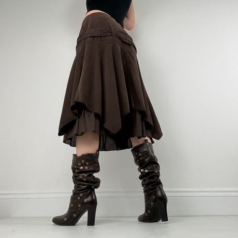 brown layered pleated midi skirt