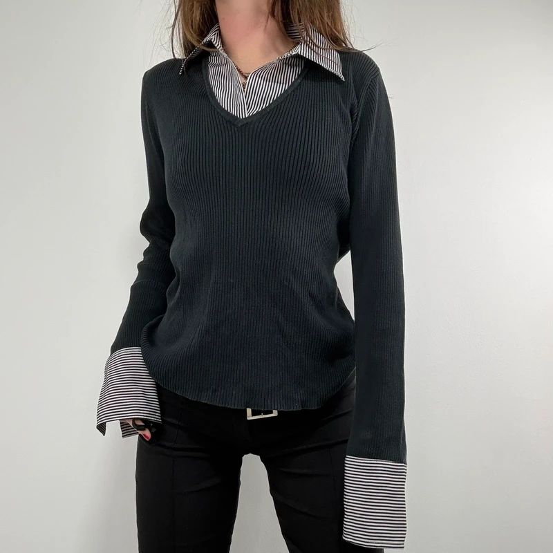 black ribbed knit layered shirt jumper