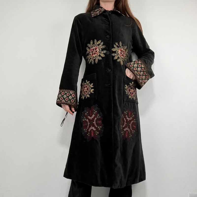 embroidered black velvet longline jacket