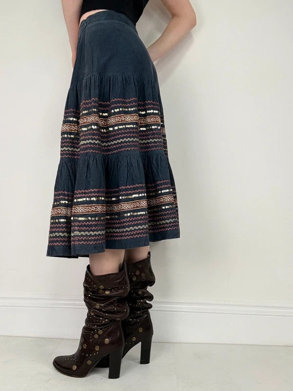 boho cord flared embroidered tiered sequin midi skirt