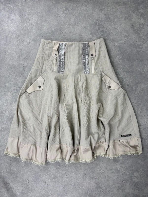 Khaki flared ruffle drop waist midi skirt