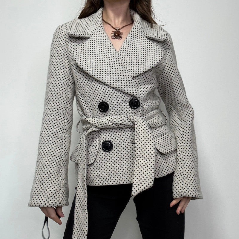 cream wool polkadot flared pea coat