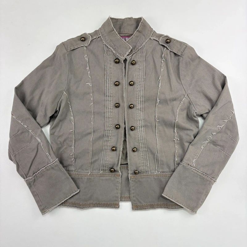 khaki military cotton utility jacket with hook and eyes