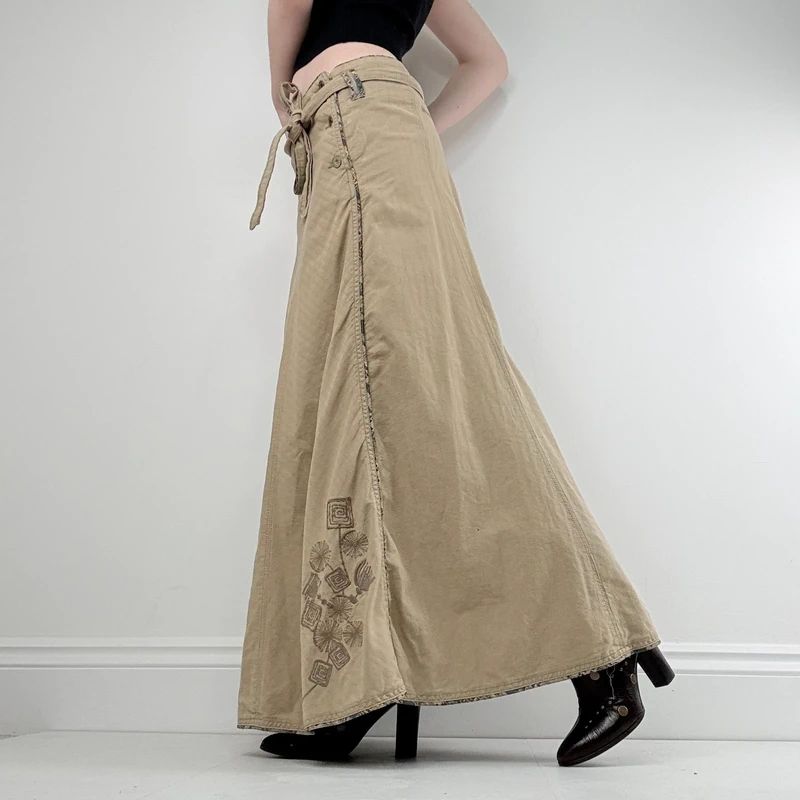 tan linen flared maxi skirt