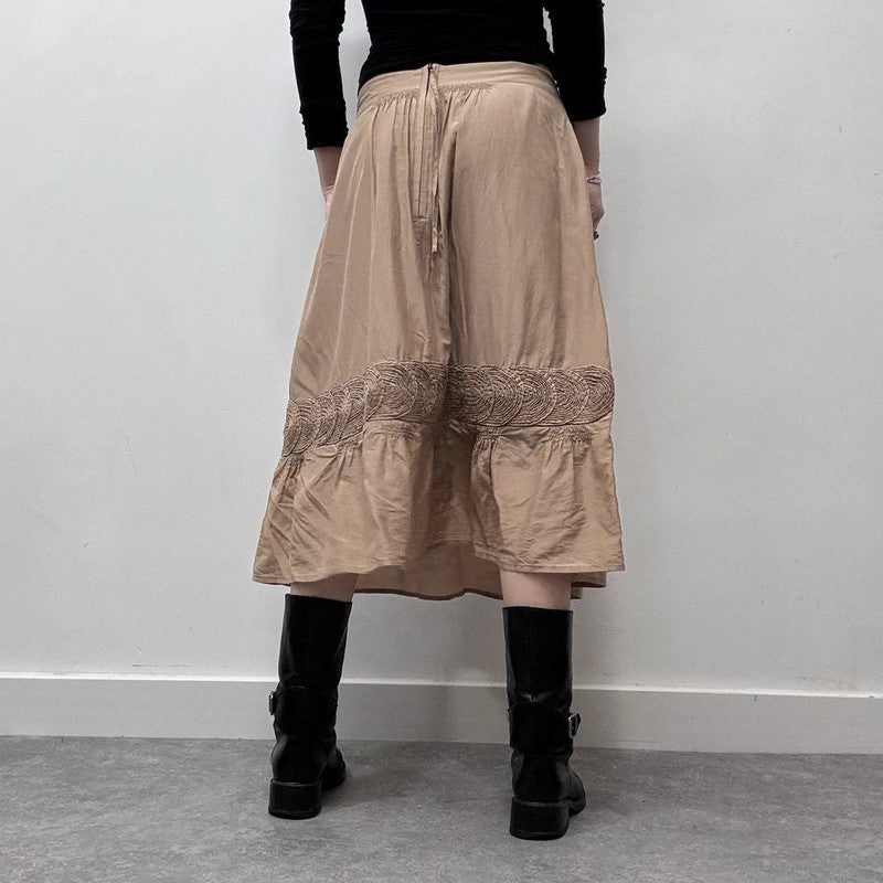 tan silk pleated flared midi skirt