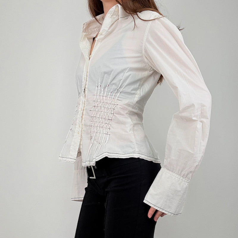 white cinched pleated flared shirt