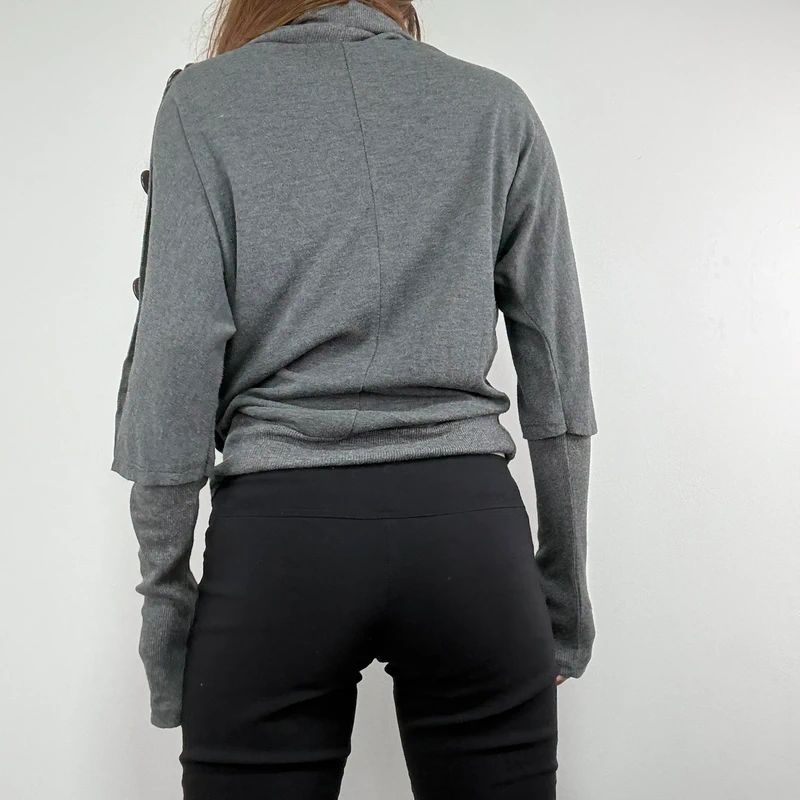 grey slouchy knit ribbed fitted jumper with button details