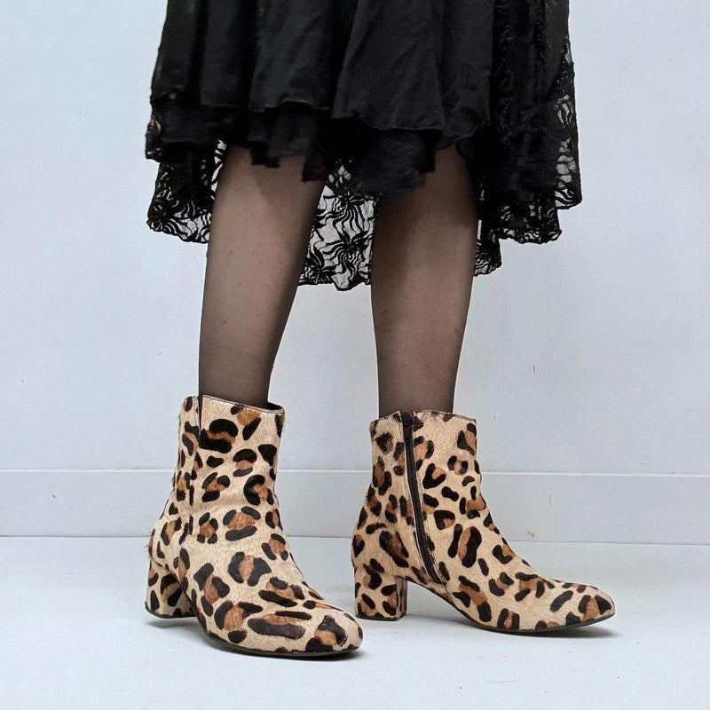 leopard print pony hair heel boots