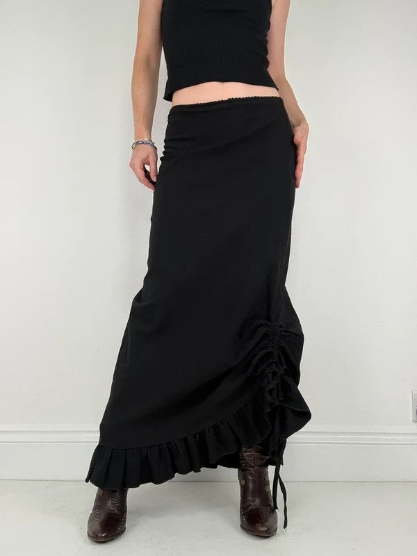 Low waisted black cinched ruffle maxi skirt
