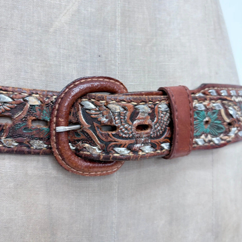 Western engraved brown leather boho belt