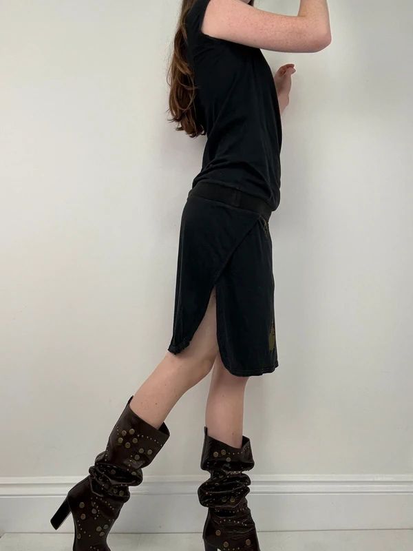 off the shoulder black slouchy drop waist dress