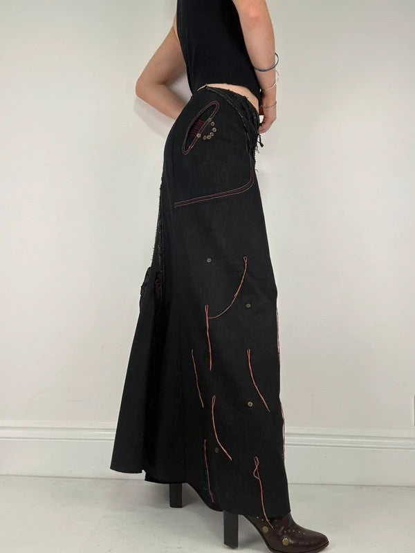 Flared black distressed maxi skirt