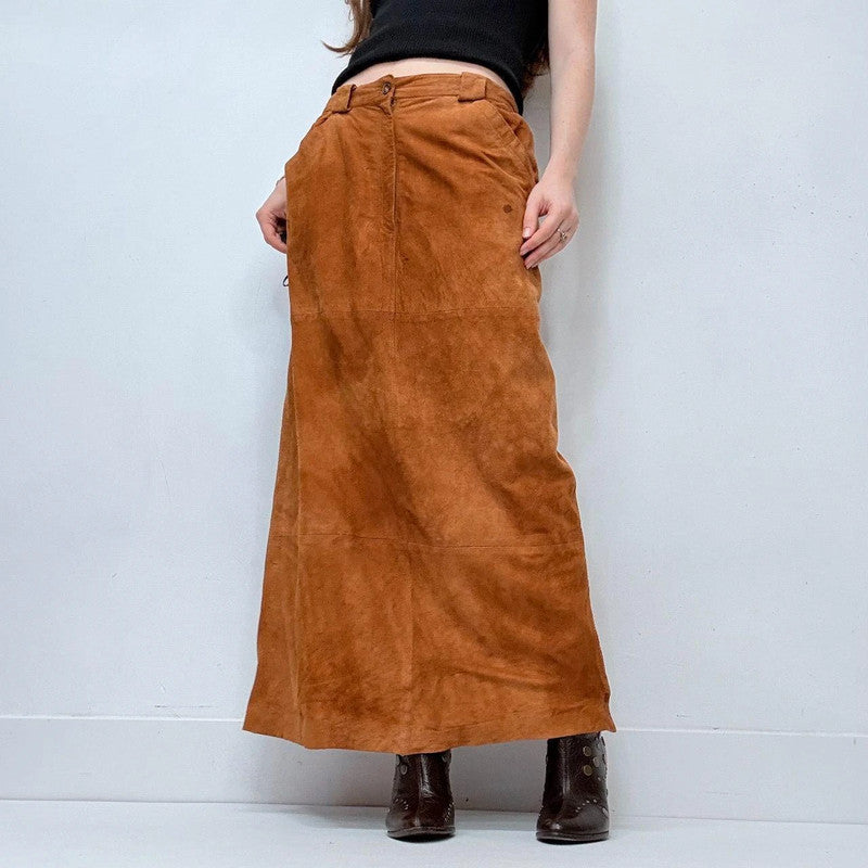 tan suede a-line maxi skirt