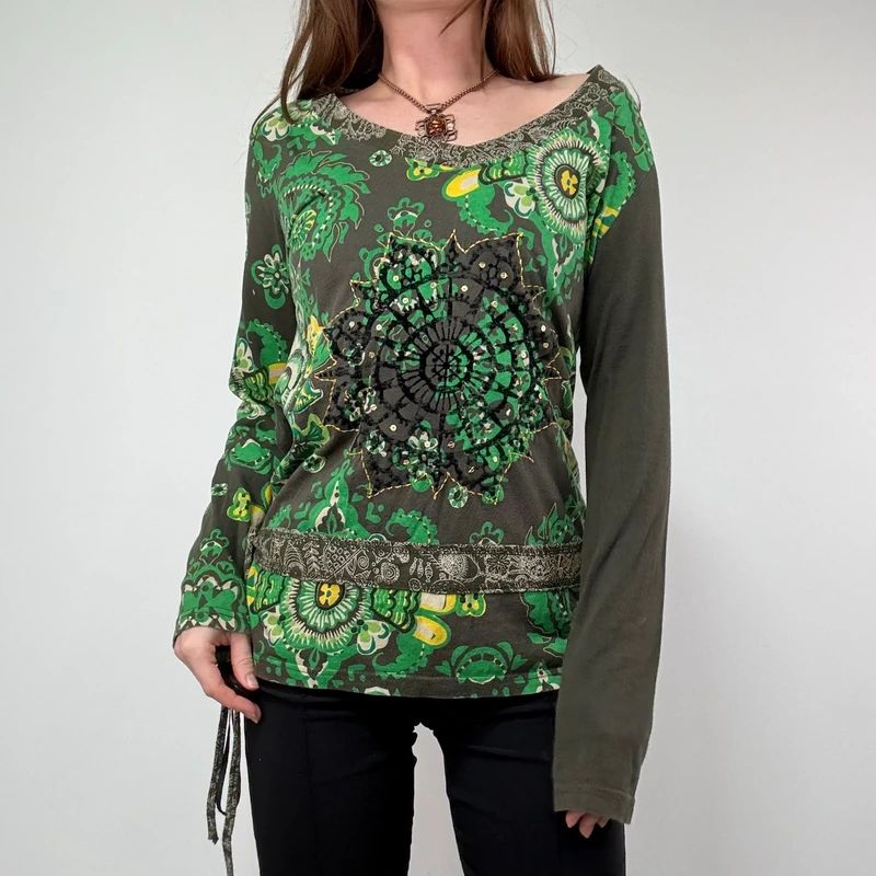 Khaki Paisley Boho Long Sleeve T-Shirt