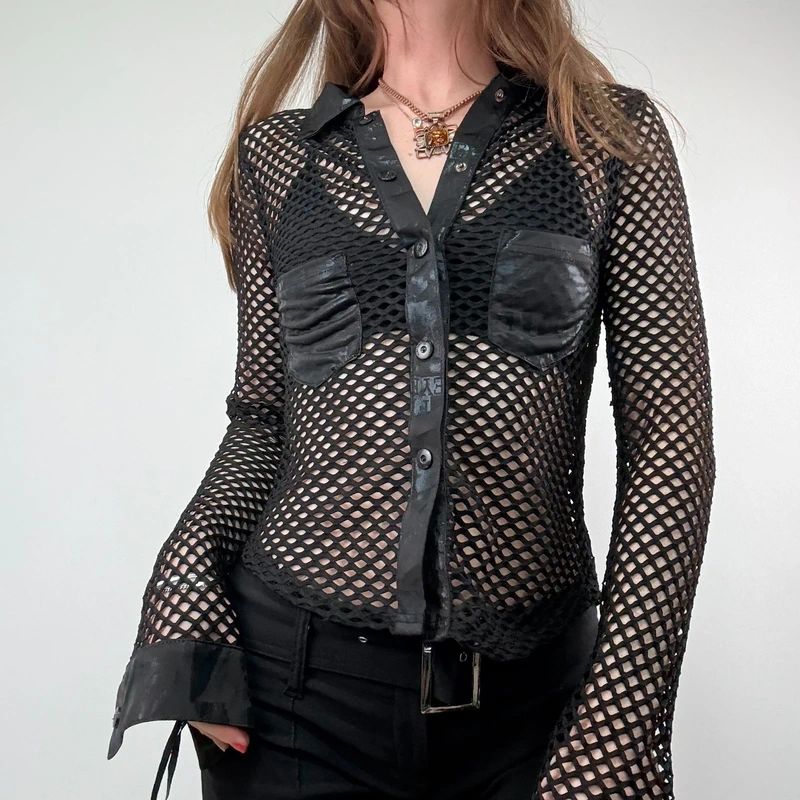 Black fitted Fishnet Mesh Grunge Shirt