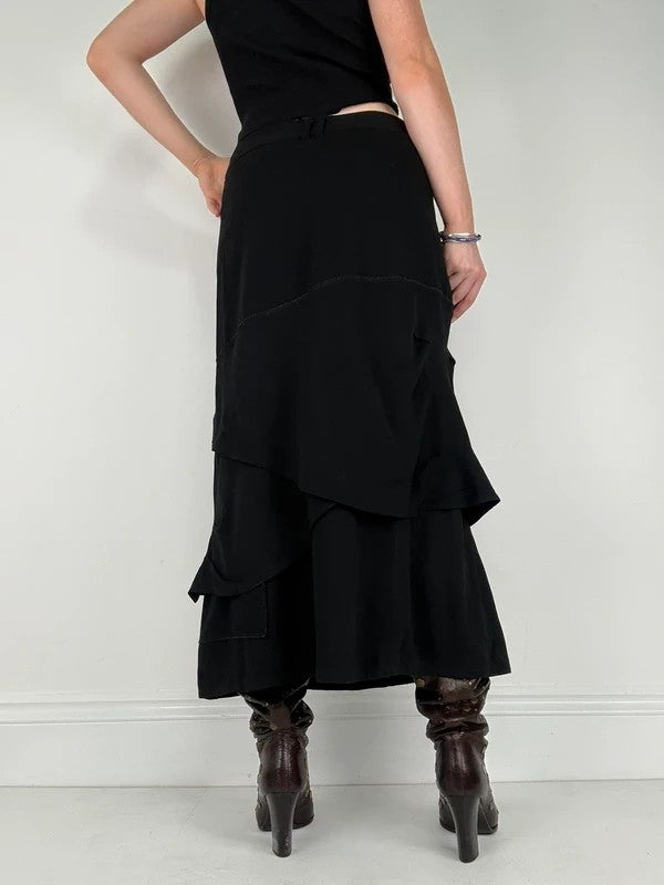 Black layered french flared asymmetric maxi skirt